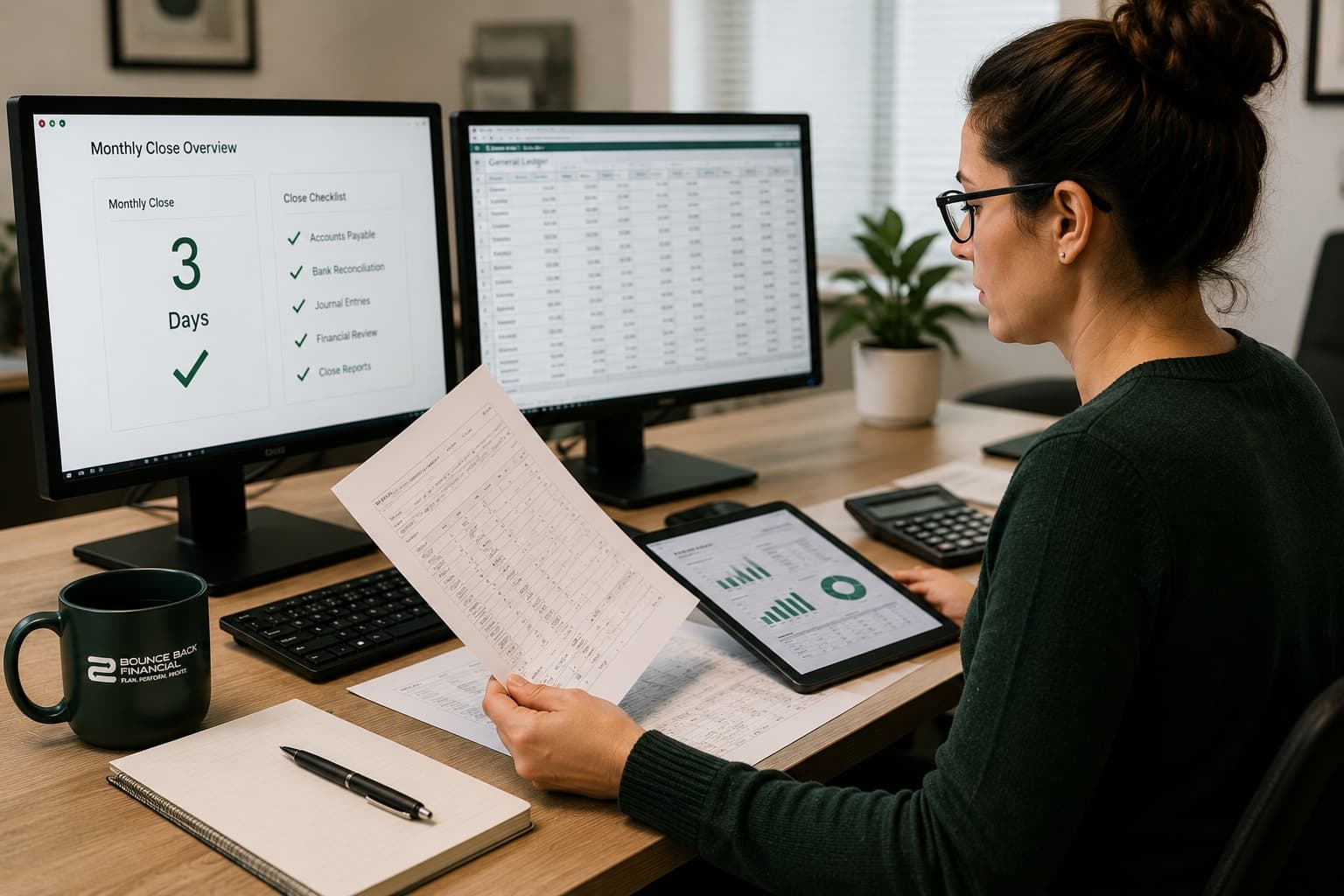 A Bounce Back Financial bookkeeper reviewing an ABA clinic's monthly close and general ledger on dual monitors