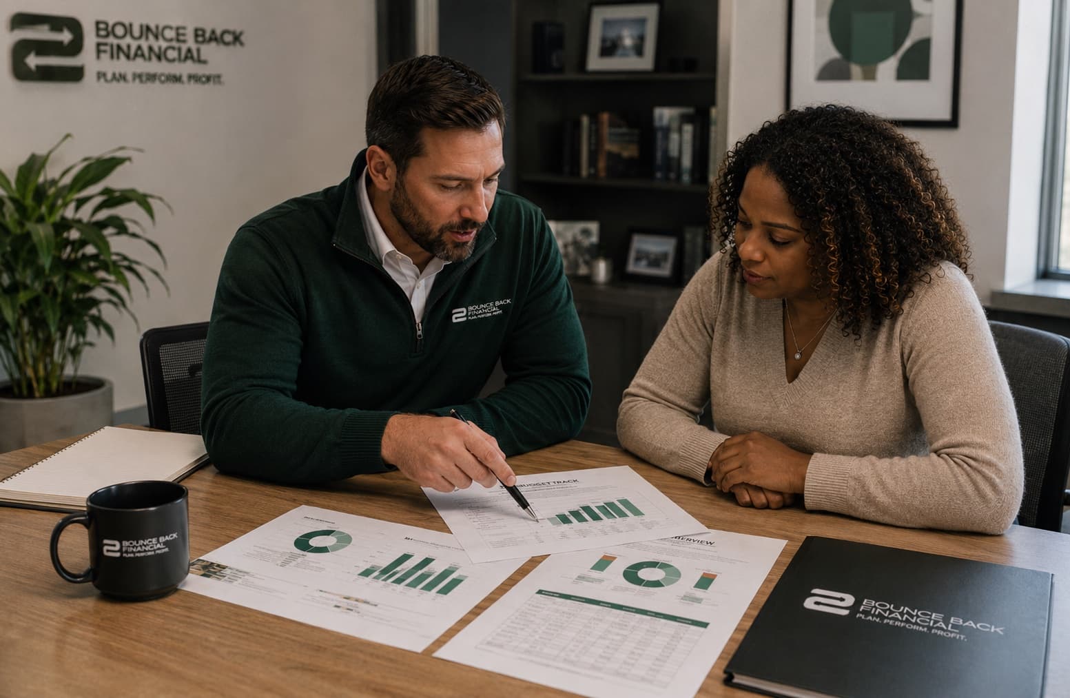 A Bounce Back Financial advisor reviewing financial strategy charts with an ABA clinic owner