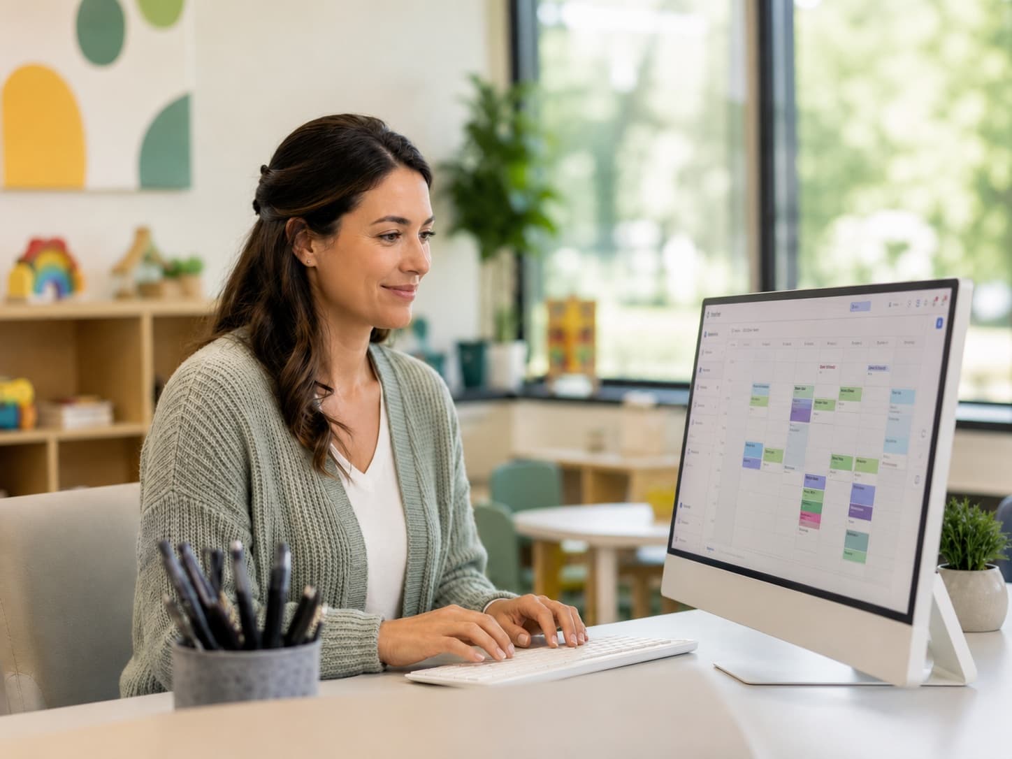 A clinic administrator managing the practice schedule on her computer